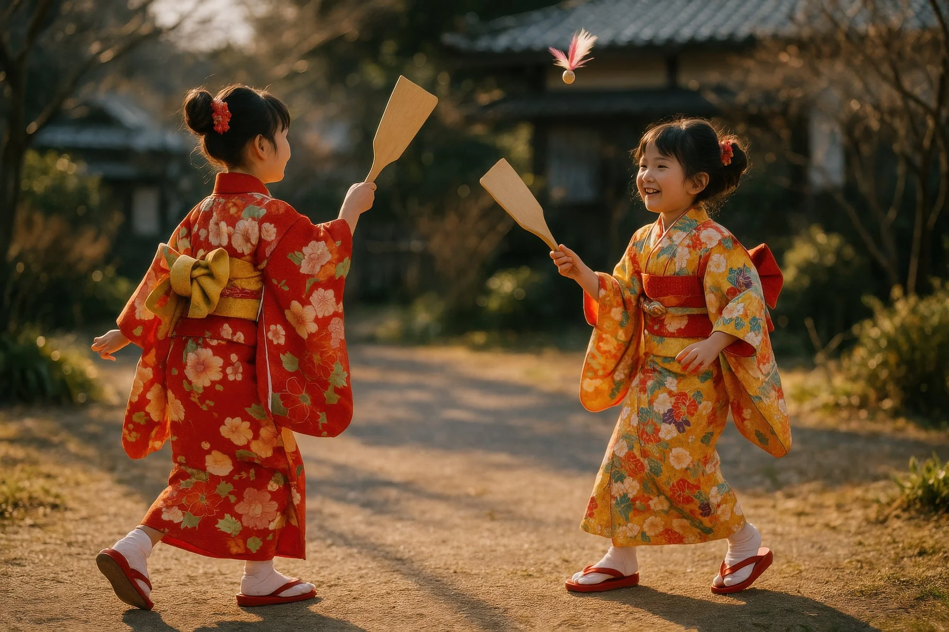 着物を着た二人の少女が、羽根つきを楽しんでいる様子
