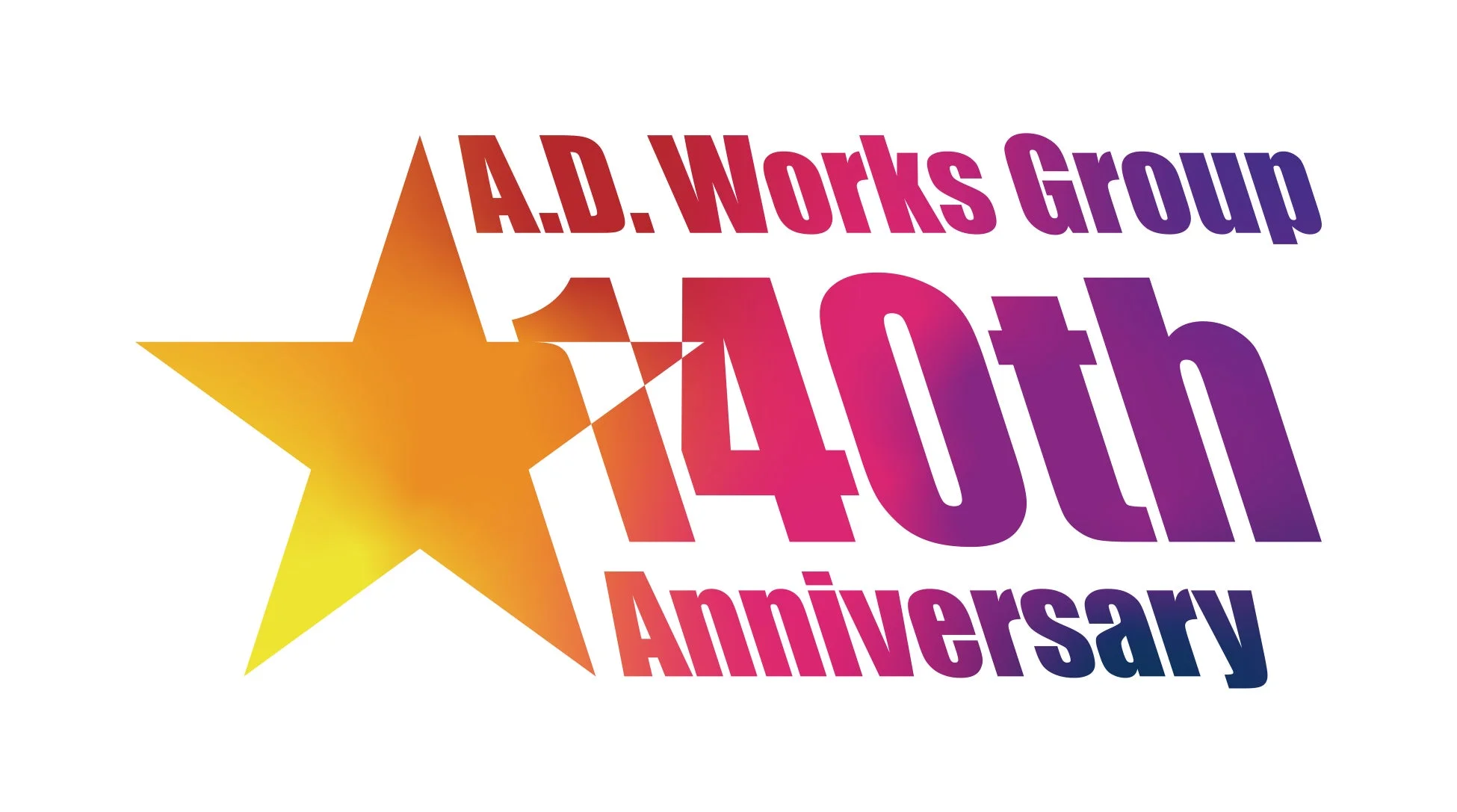 A.D. Works Groupの140周年を記念するロゴデザインです。グラデーションカラーの大きな星を背景に、「140th Anniversary」の文字が力強く表現されています。