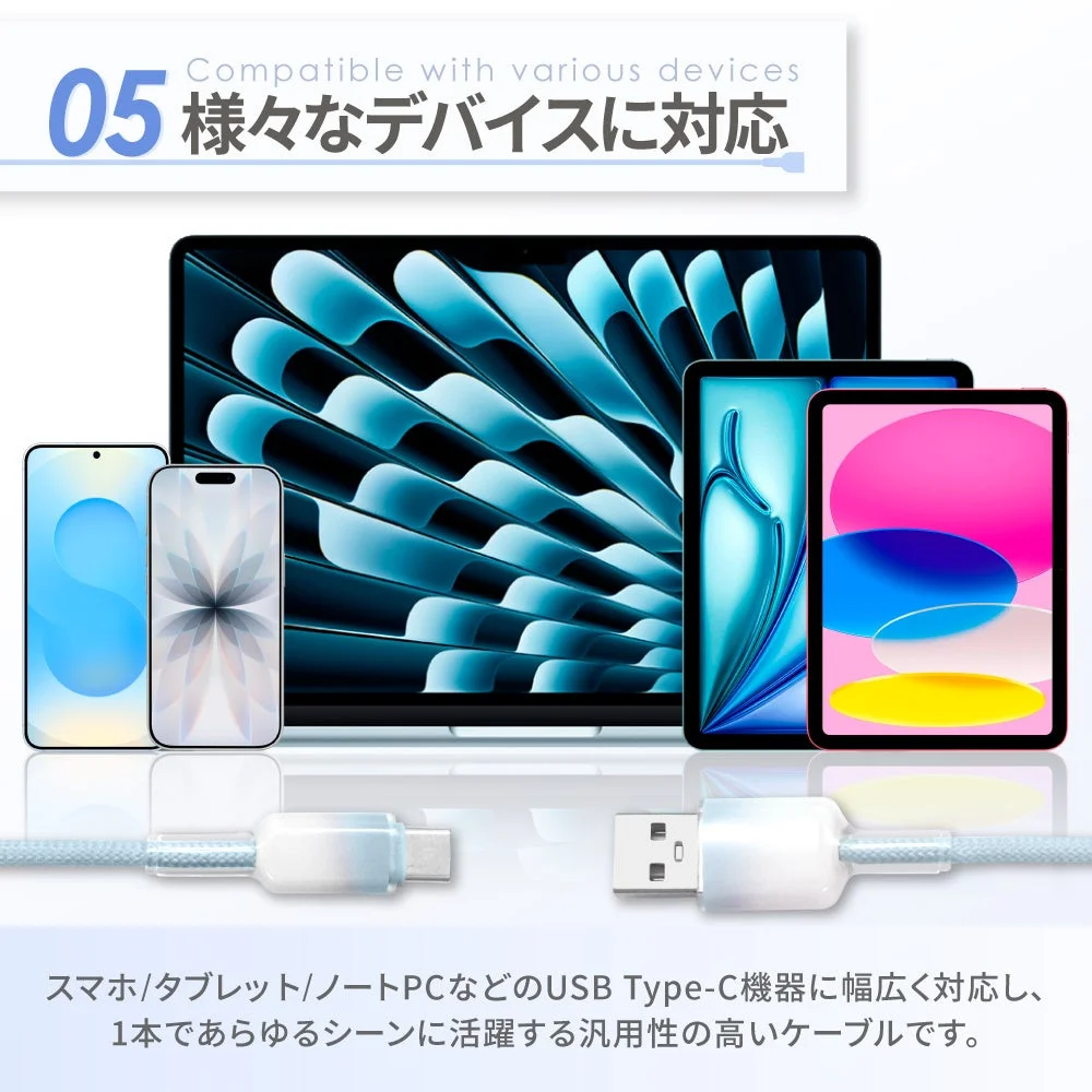 USB Type-Cケーブルが、スマートフォン、タブレット、ノートPCなど多様な電子機器に対応していることを示す画像