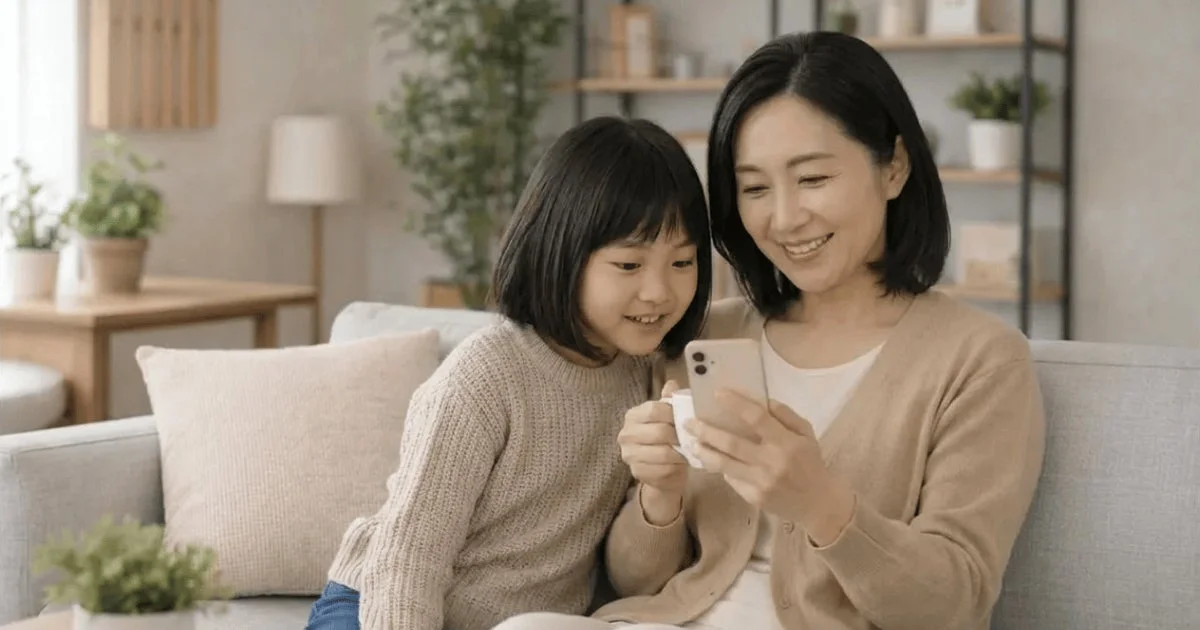 リビングのソファに座る母親と娘が、スマートフォンを一緒に見て楽しんでいる様子です。