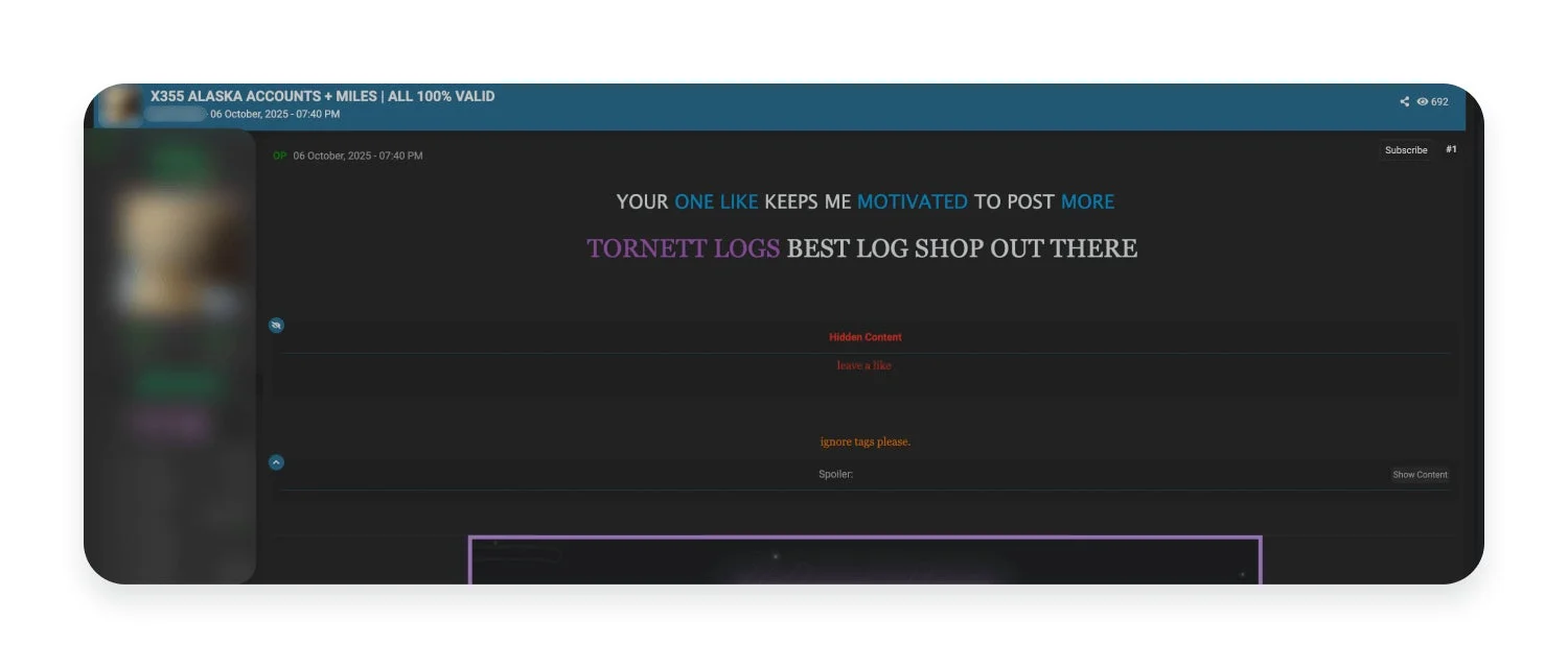 ダークウェブ上の航空会社アカウント販売に関する投稿例
