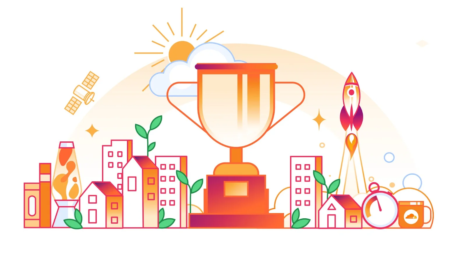 トロフィー、成功、達成、都市、ロケット、衛星、太陽、雲、植物、進歩、未来、イラスト、グラデーション