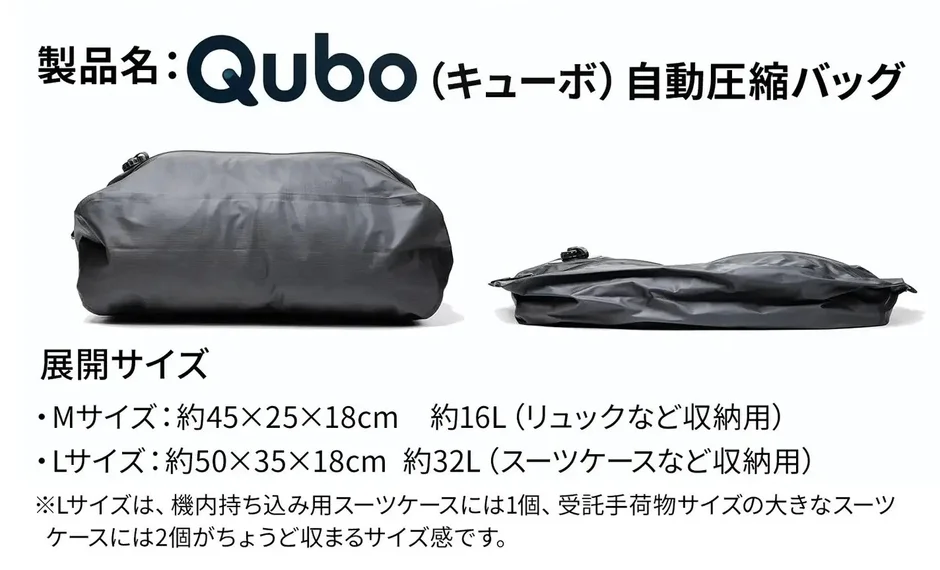 製品名:Qubo(キューボ)自動圧縮バッグ展開サイズMサイズ:約45×25×18cm約16L(リュックなど収納用)Lサイズ:約50×35×18cm約32L(スーツケースなど収納用)
