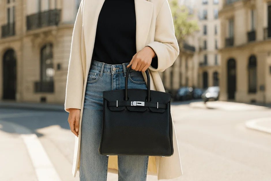 都会の街並みを背景に、ベージュのコートとブルージーンズを着用した女性が、上品な黒いレザーハンドバッグを持っている