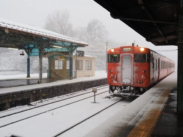 雪が降り積もる駅に停車中の赤い列車