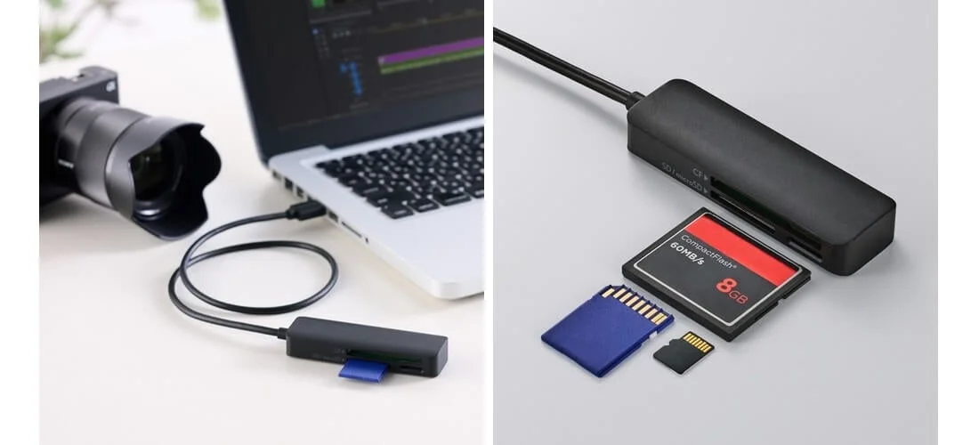 SD/microSD/CF対応ケーブル一体型メモリーカードリーダー