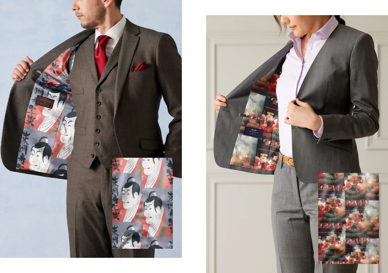 浮世絵や花火のような和柄裏地のスーツ