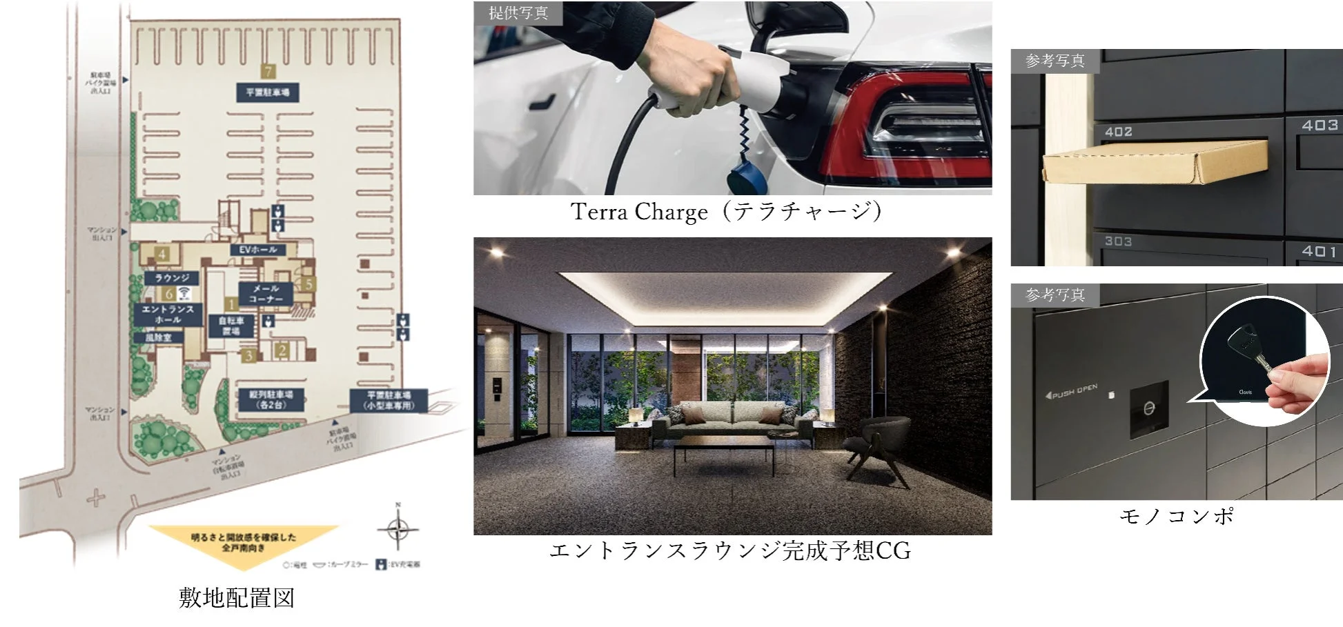 敷地配置図とモノコンポ、エントランスラウンジのイメージ