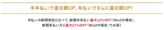半年払いで還元額UP、年払いでさらに還元額UP!月払いの新規契約と比べて、新規半年払い 最大13%OFF (Win2の場合)、新規年払いだと最大21%OFF (Win2の場合)でお得!