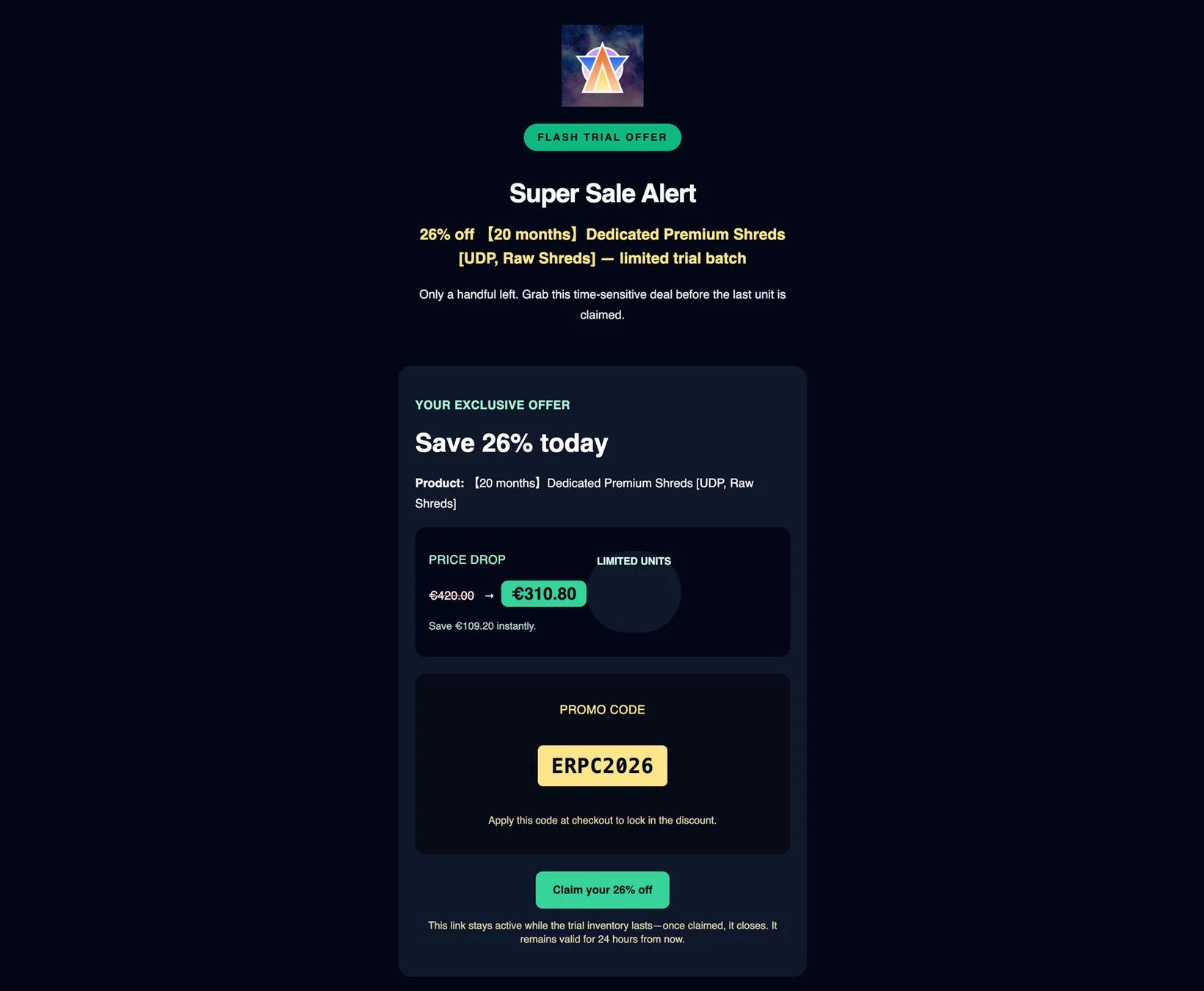 20ヶ月間のプレミアム製品「Dedicated Premium Shreds」に関するフラッシュセールのお知らせ