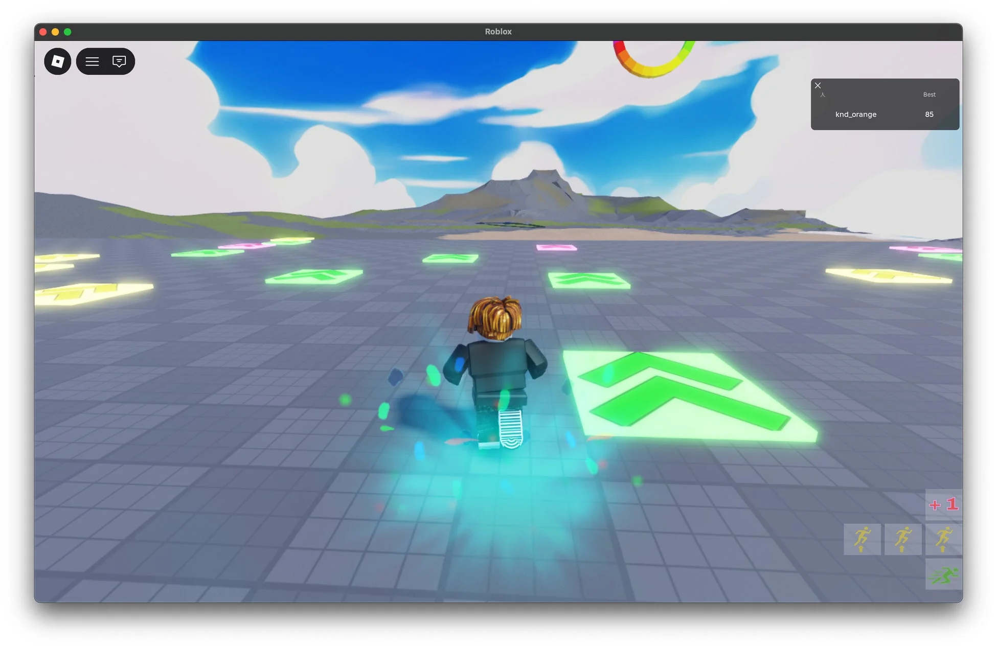 Robloxのゲーム画面で、アバターが光る矢印や色の付いたタイルが配置されたグリッド状のステージ上を移動しています。背景には山と雲が見え、リズムゲームかダンスゲームのような様子です。