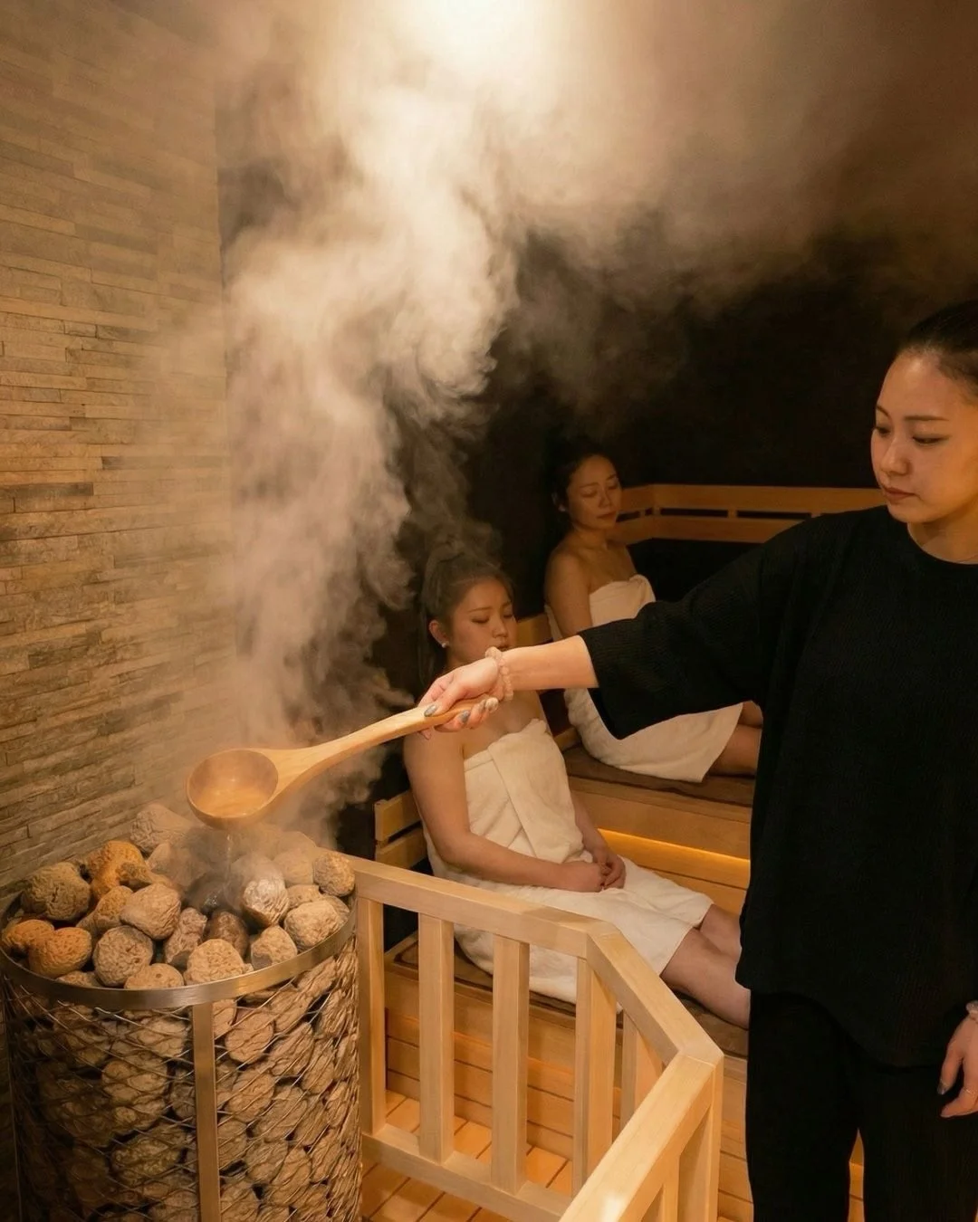 サウナでアロマロウリュを楽しむ女性たち