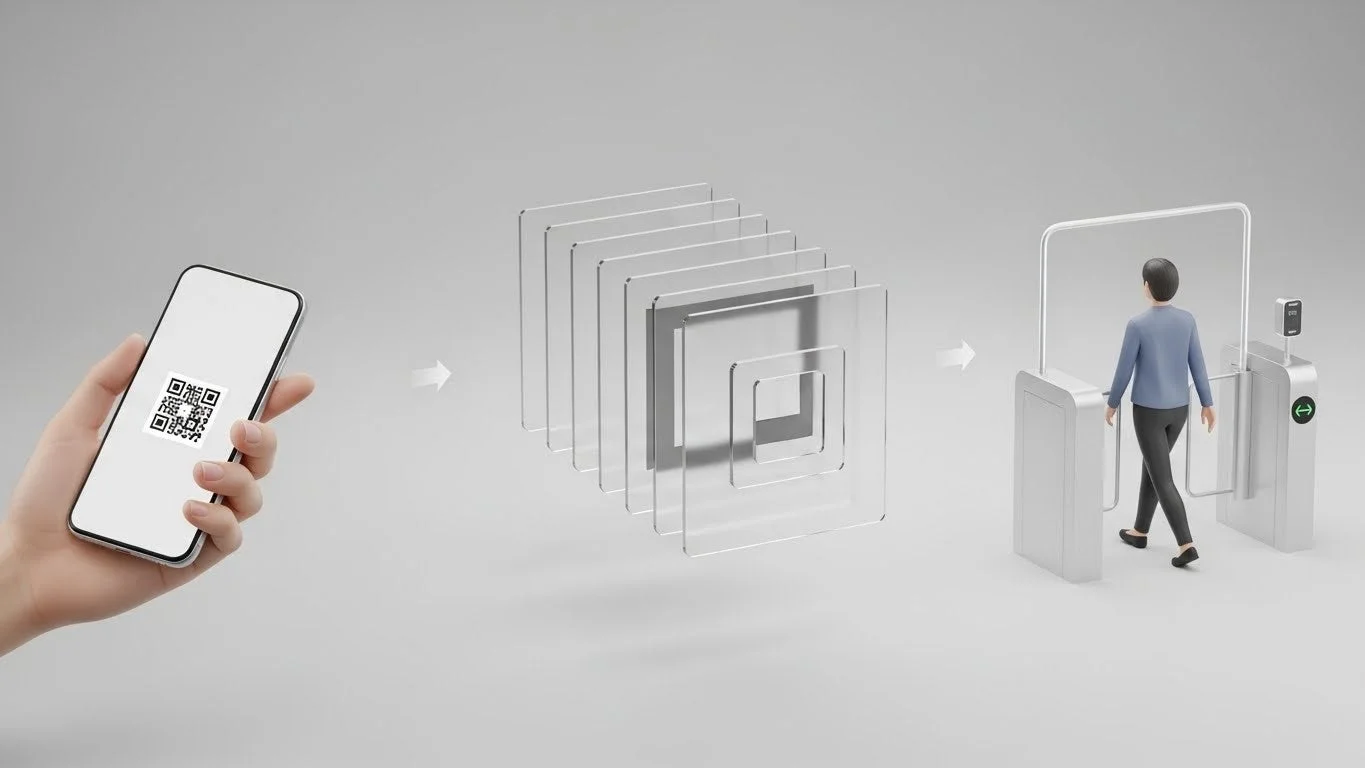 スマートフォンに表示されたQRコードを使って入場ゲートを通過する様子を描いたイラストです。デジタル認証や入退場管理のプロセスを示唆しています。