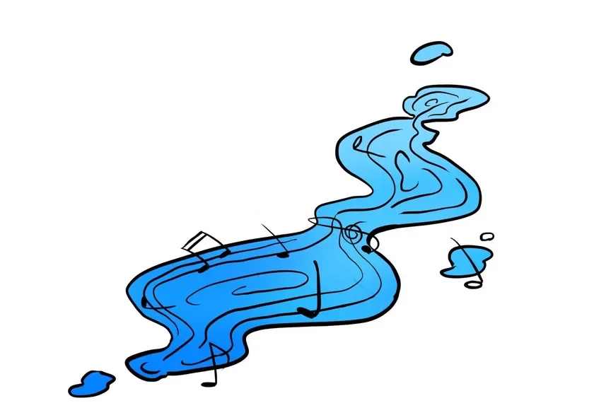 青い液体のような形と音符が組み合わされた抽象的なイラストです。水が流れるような動きの中に音楽が溶け込み、心地よいハーモニーを視覚的に表現しています。