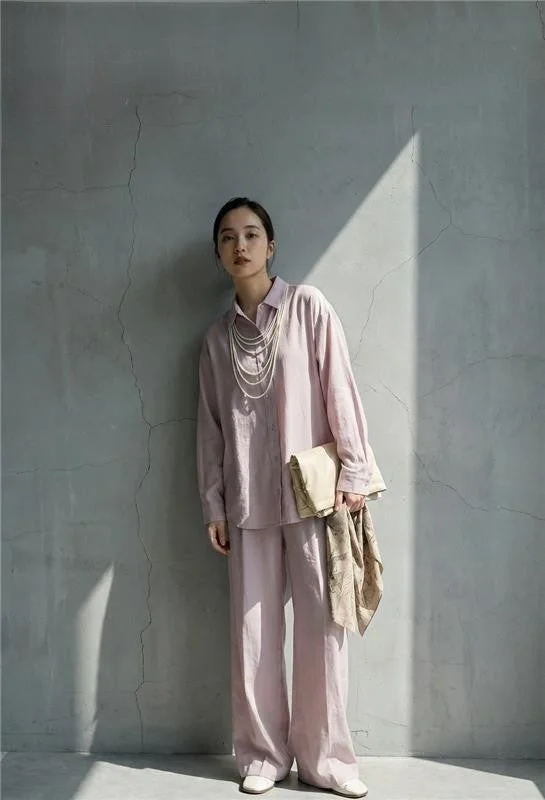 淡いパープルのセットアップを着用した女性