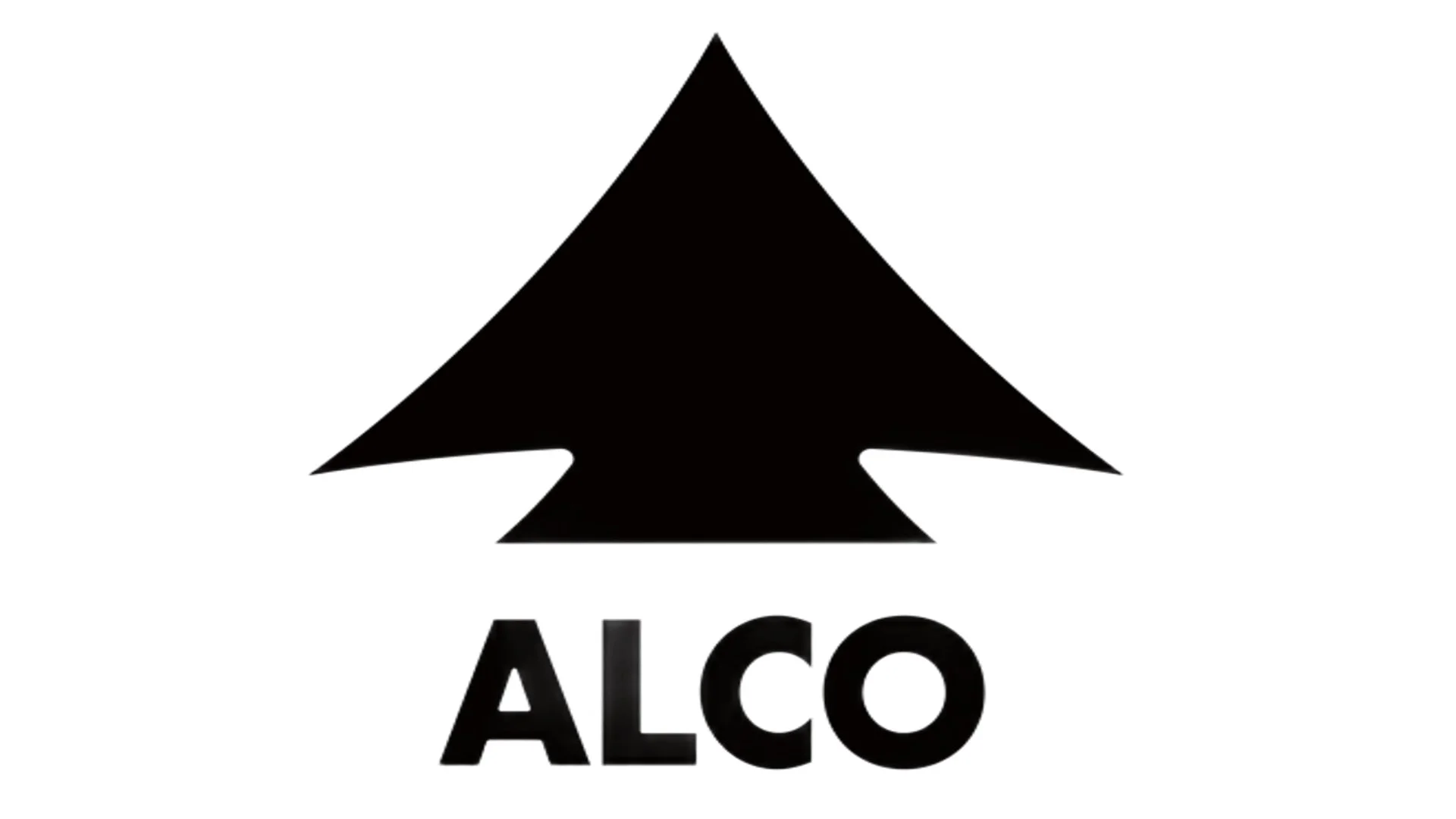 白い背景に黒い上向きの矢印のシンボルと、その下に「ALCO」という文字が配置されたロゴマークです。