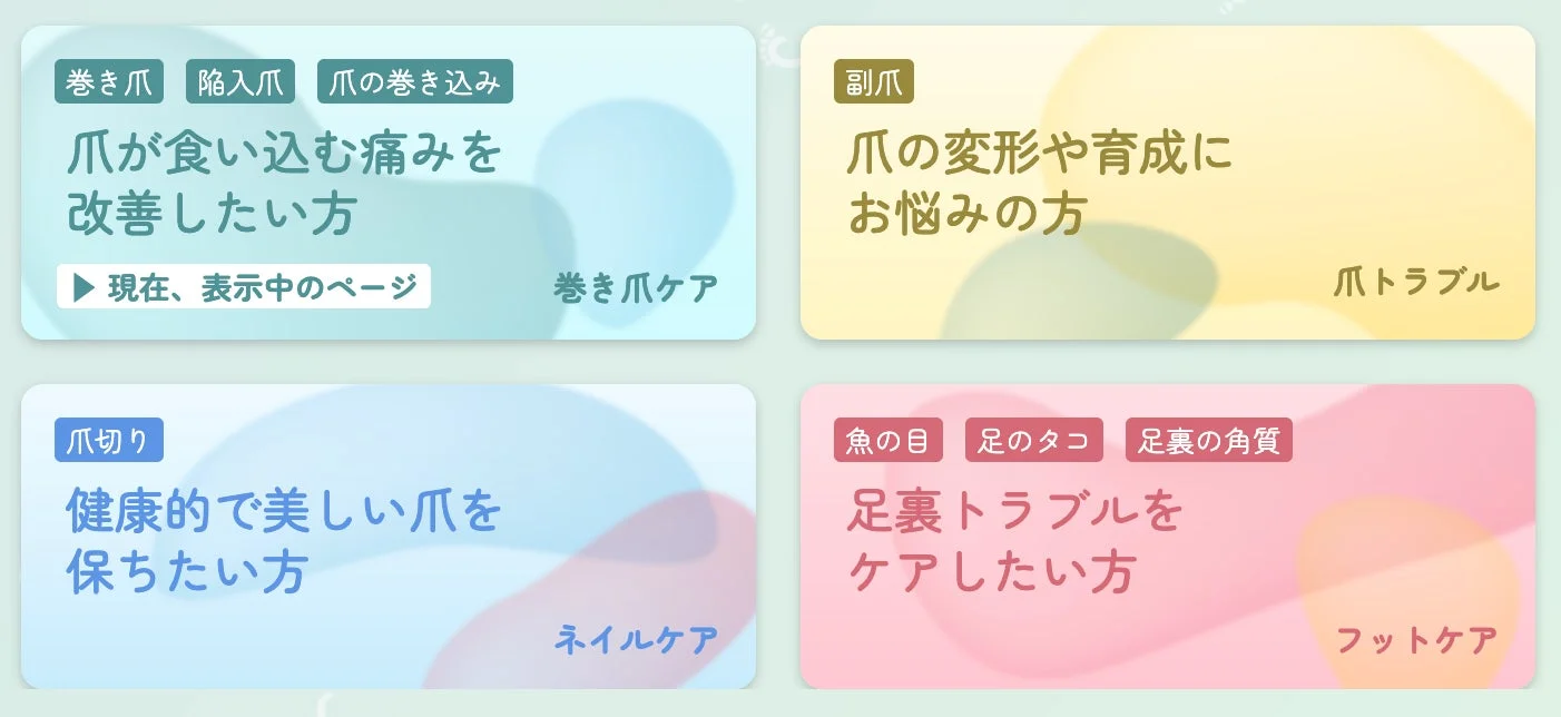 爪の巻き込み、陥入爪、副爪、爪の変形といった爪のトラブルや、魚の目、足のタコ、足裏の角質など足裏の悩みに対応する様々なケアサービスを紹介する画像