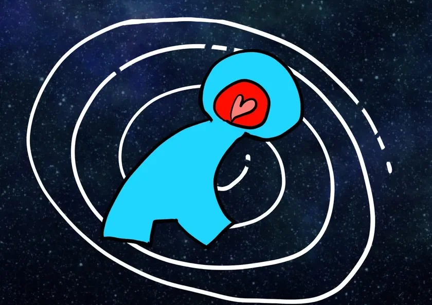 星空を背景に、水色の抽象的なキャラクターが描かれています。頭部には赤い部分とピンクのハートがあり、周囲には白い同心円が広がっています。愛や宇宙との繋がりを表現したような、シンプルで可愛らしいイラストです。