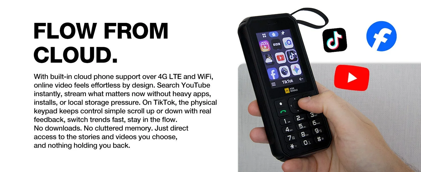 クラウドフォン機能を備えた携帯電話の広告。4G LTEとWiFiに対応し、アプリ不要でYouTubeやTikTokなどの動画ストリーミングが楽しめる。物理キーパッドでの簡単な操作が特徴。