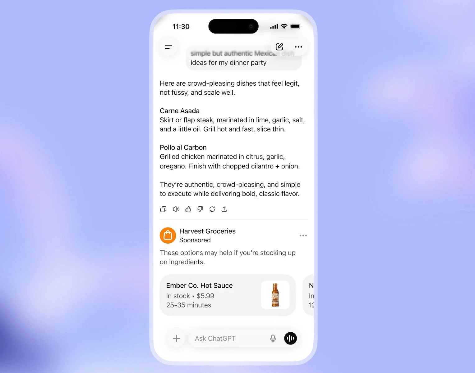 ChatGPTがメキシコ料理のディナーパーティーレシピを提案するスマートフォン画面。カルネアサダやポロアルカーボンの説明があり、下部には食材購入のスポンサー広告が表示されている。