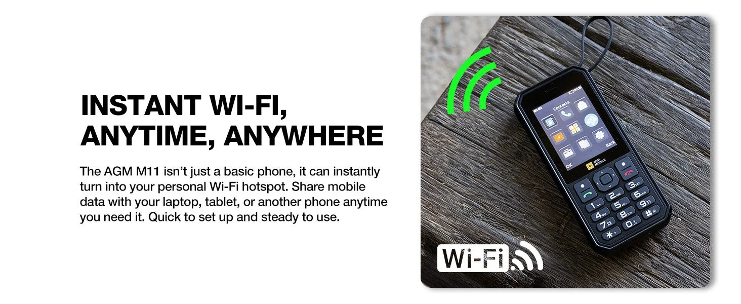 AGM M11は、どこでもWi-Fiホットスポットとして機能する携帯電話です。ノートパソコンやタブレットなどとモバイルデータを簡単に共有でき、手軽に安定したインターネット接続を提供します。