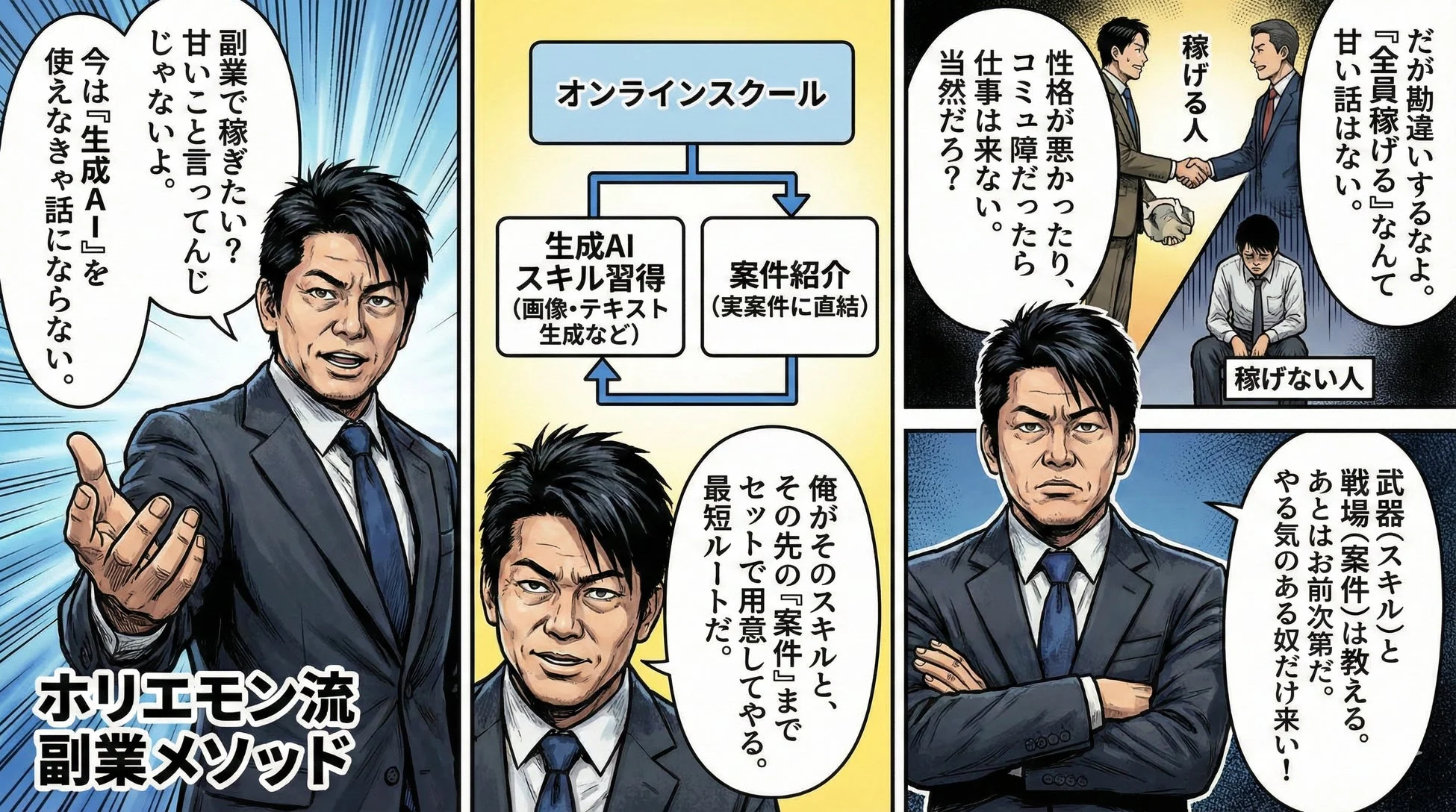 ホリエモン流副業メソッド副業で稼ぎたい？甘いこと言ってんじゃねーよ。今は『生成AI』を使えなきゃ話にならない。オンラインスクール生成AIスキル習得(画像・テキスト生成など)案件紹介(実案件に直結)俺がそのスキルと、その先の『案件』までセットで用意してやる。最短ルートだ。だが勘違いするなよ。『全員稼げる』なんて甘い話はない。性格が悪かったり、コミュ障だったら仕事は来ない。当然だろ？稼げる人稼げない人武器(スキル)と、戦場(案件)は教える。あとはお前次第だ！やる気のある奴だけ来い！