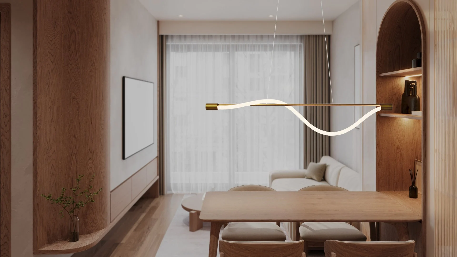 木材を基調としたモダンでミニマリストなリビングダイニング空間に設置されたペンダントライト