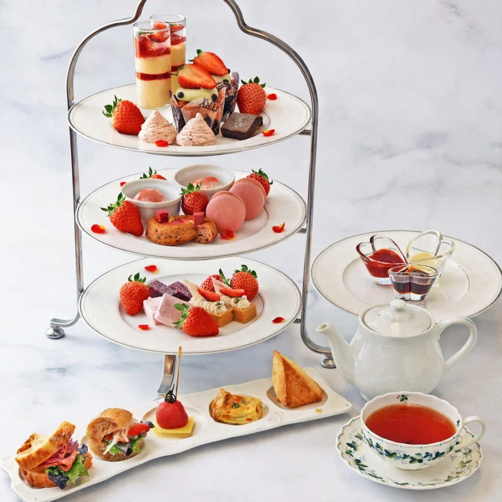 豪華なイチゴのアフタヌーンティーセット