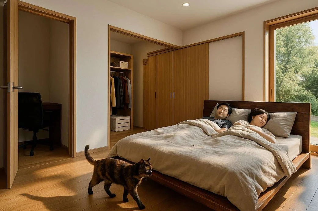 猫と夫婦が寝る寝室のパース