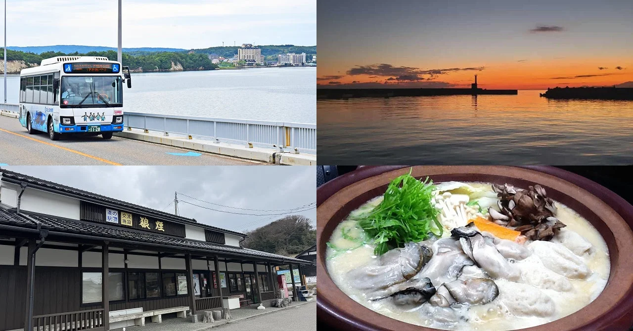 海岸を走るバス、美しい夕焼けの海と灯台、道の駅根室の建物、そして牡蠣鍋が写る4つの写真のコラージュ