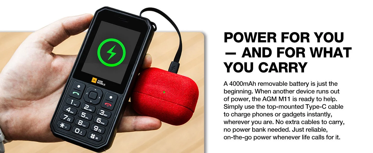 AGM M11は、4000mAhの着脱式バッテリーを搭載し、内蔵Type-Cケーブルで他のデバイスも充電できる頑丈な携帯電話です。外出先で信頼できる電源として機能し、追加のモバイルバッテリーは不要です。
