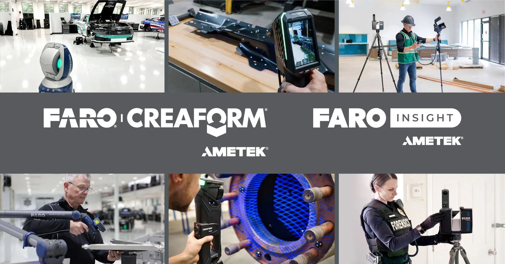 FAROとCreaformの3Dスキャン・測定技術の多様な応用事例を示す画像