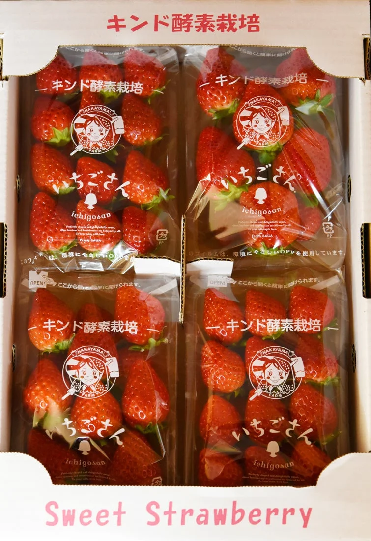 箱の中に、透明なパックに入った赤い「いちごさん」というブランドのイチゴ