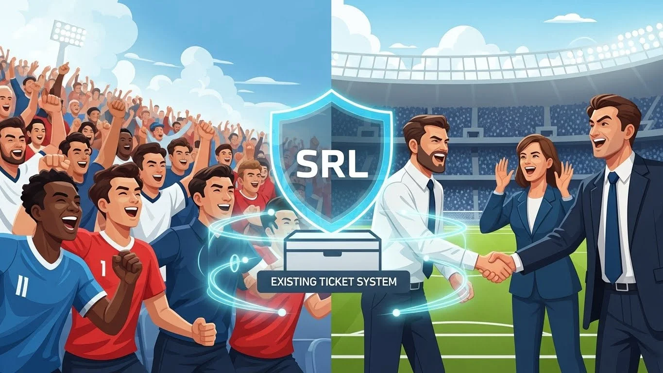 スポーツイベントの熱狂的な観客とビジネス関係者が描かれた画像です。既存のチケットシステムと「SRL」という新しいソリューションの統合や、スポーツビジネスにおけるパートナーシップと技術革新を示唆しています。