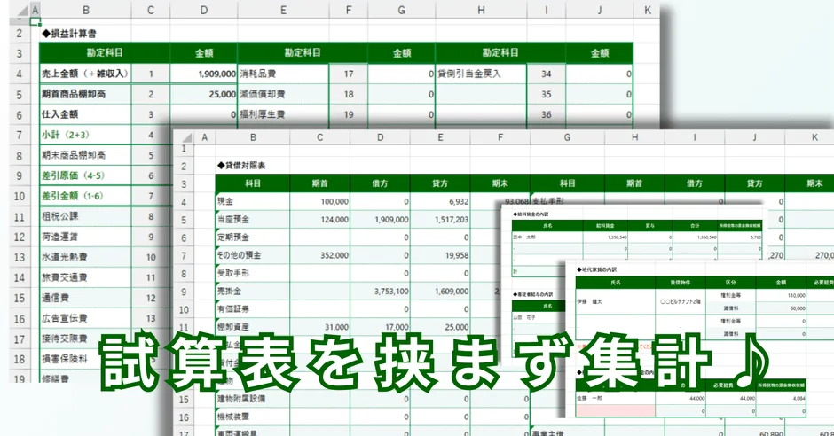 複数のExcelシートに表示された会計帳票（損益計算書、貸借対照表など）の上に、「試算表を挟まず集計」という文字が重ねて表示されている画像です。財務・経理業務の効率化を示唆しています。