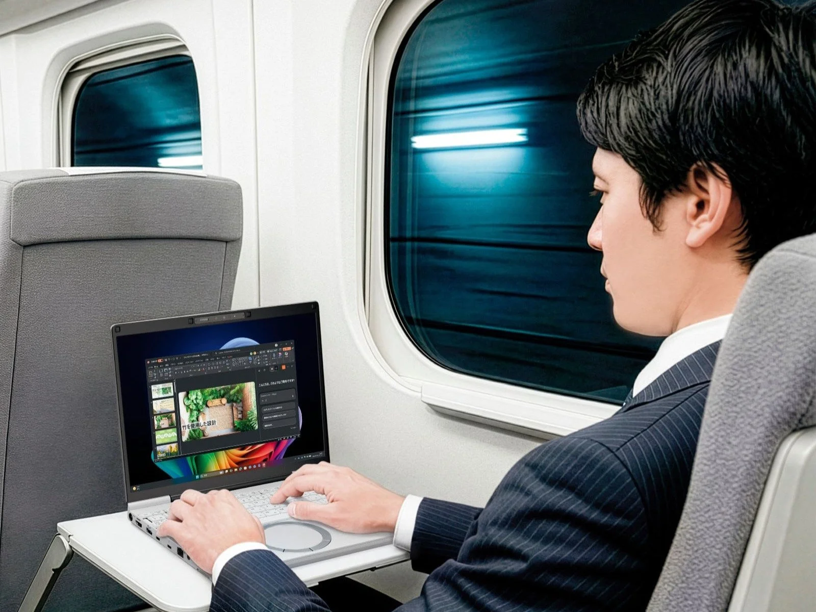 新幹線らしき電車内で、ビジネスマンがノートパソコンで作業しています。画面にはプレゼンテーションとチャットが表示されており、移動中に仕事をしている様子です。窓の外を眺めながら集中して作業に取り組んでいます。