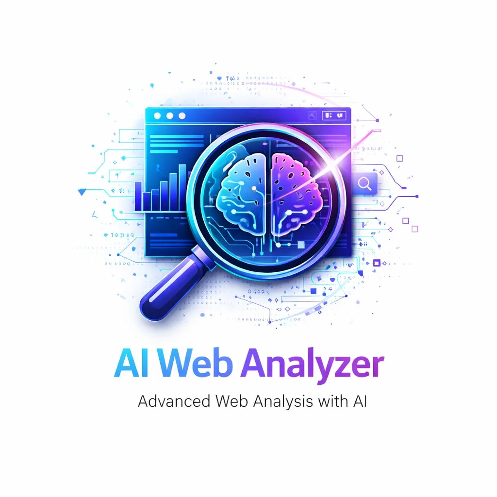AIを活用したウェブ分析ツールを表す画像です。拡大鏡で脳のアイコンを調べている様子が描かれており、ウェブブラウザのインターフェースとデータグラフが背景にあります。AIによる高度なウェブデータ分析を示唆しています。