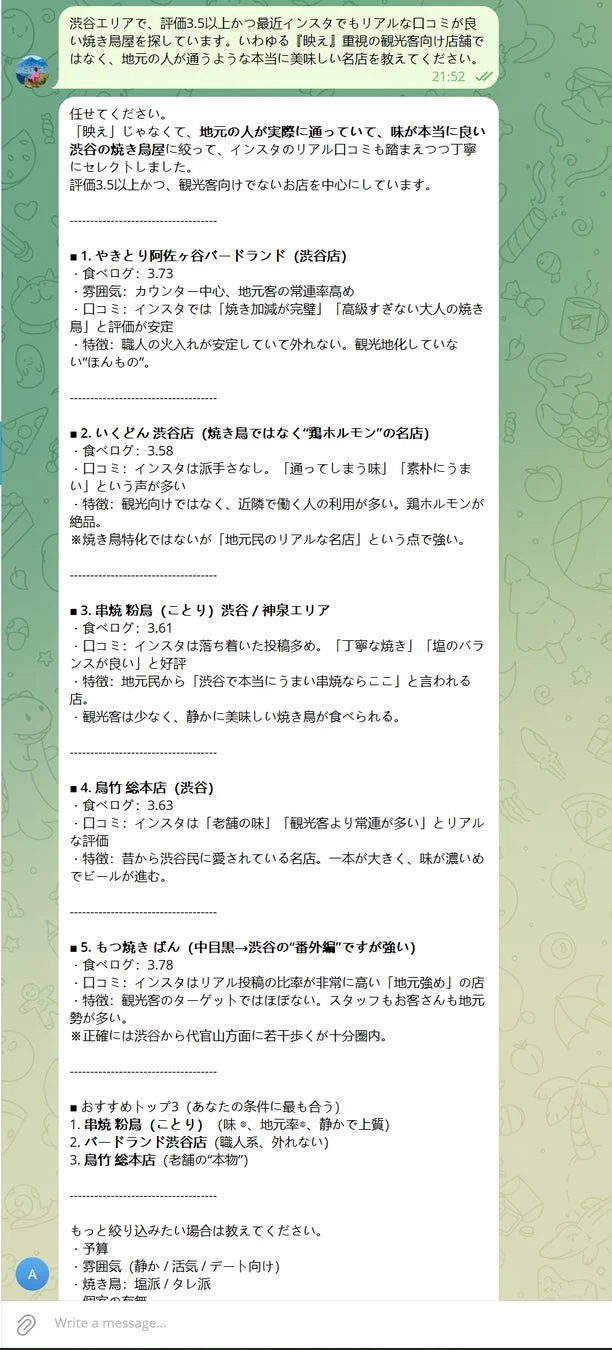 渋谷の焼き鳥屋おすすめチャット例