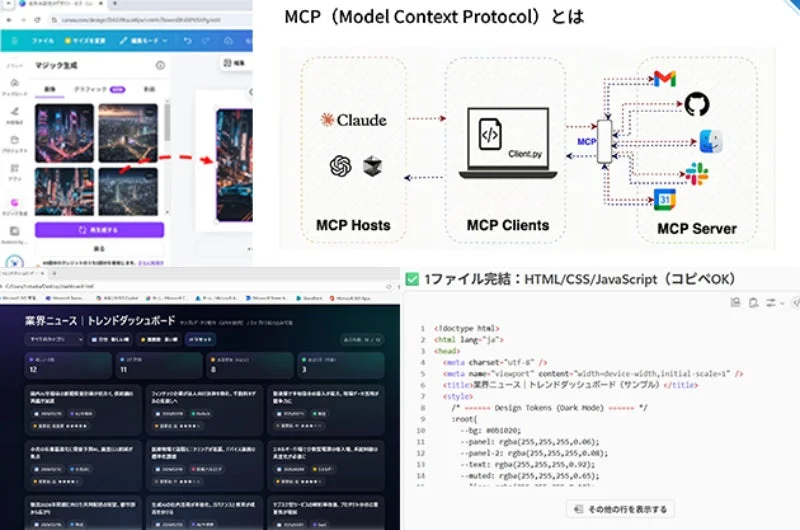 AIモデル連携プロトコル「MCP」の概念図とウェブUI